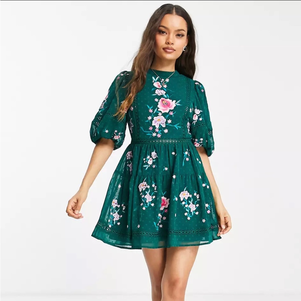 Asos High Neck Dobby Embroidered Dress